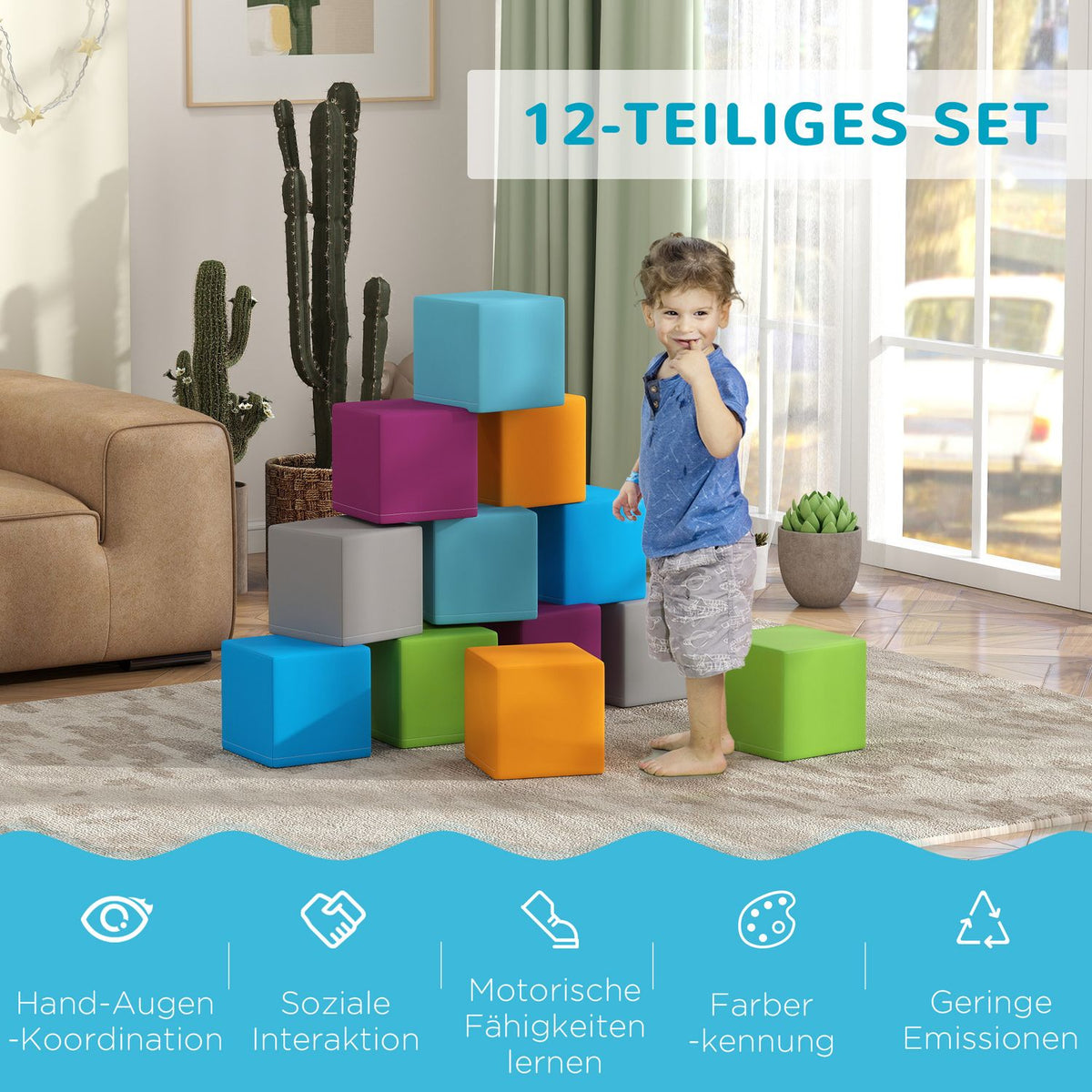 Soft Building Blocks Set of 12 Foam Building Blocks Giant Building Blocks for Children 1-3 Years Old, Building Toys Made of Faux Leather & EPE
