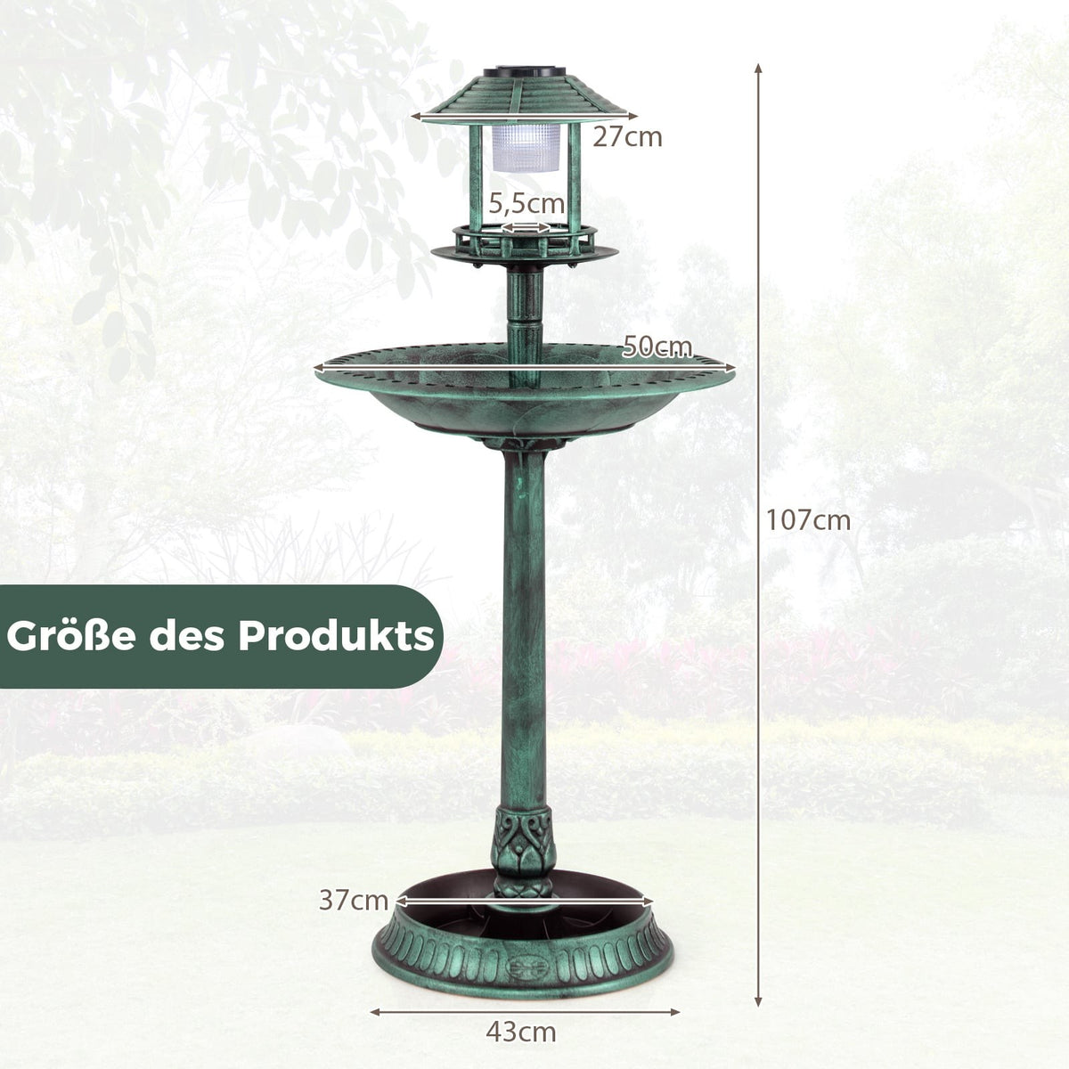 Solar Bird Bath with Feeder & Planter – LED Light, Green