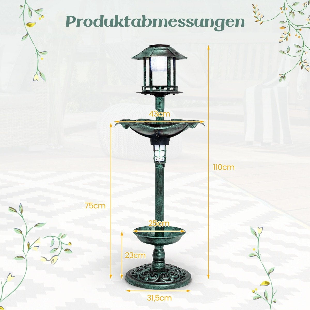 Solar Bird Bath with Feeder and Planter – 43x110 cm Green