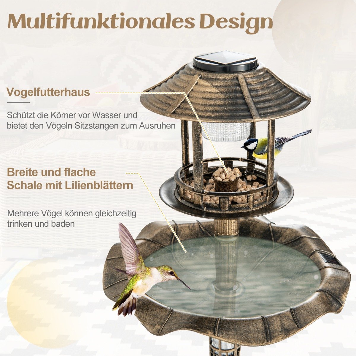 Solar Bird Bath with Feeder and Planter – Bronze, Ø43x110 cm
