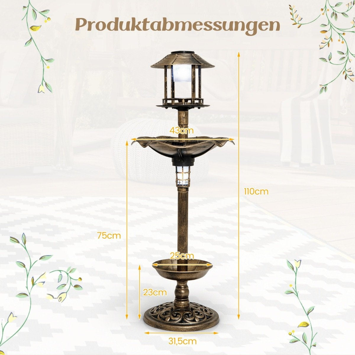 Solar Bird Bath with Feeder and Planter – Bronze, Ø43x110 cm