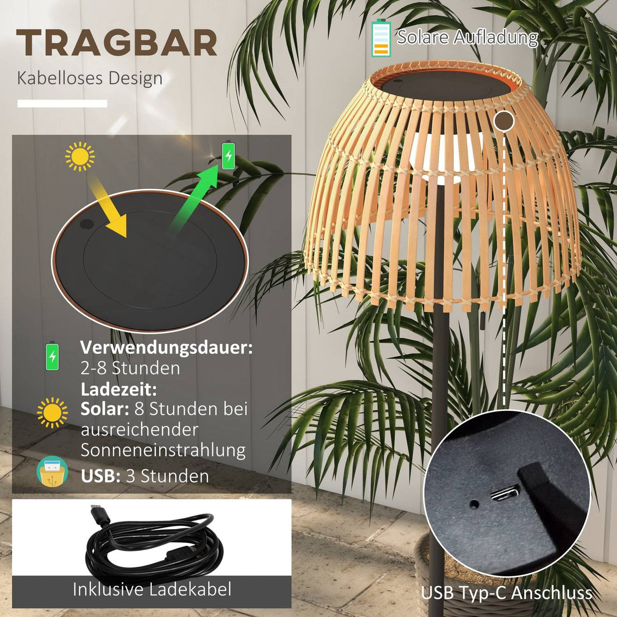 Solar Floor Lamp Outdoor Floor Lamp, Usb Rechargeable Led Solar Lamp For Indoor, Ip44 Waterproof Floor Lamp, Dimmable Warm White, Pull Chain Switch, Bamboo, Natural Tone