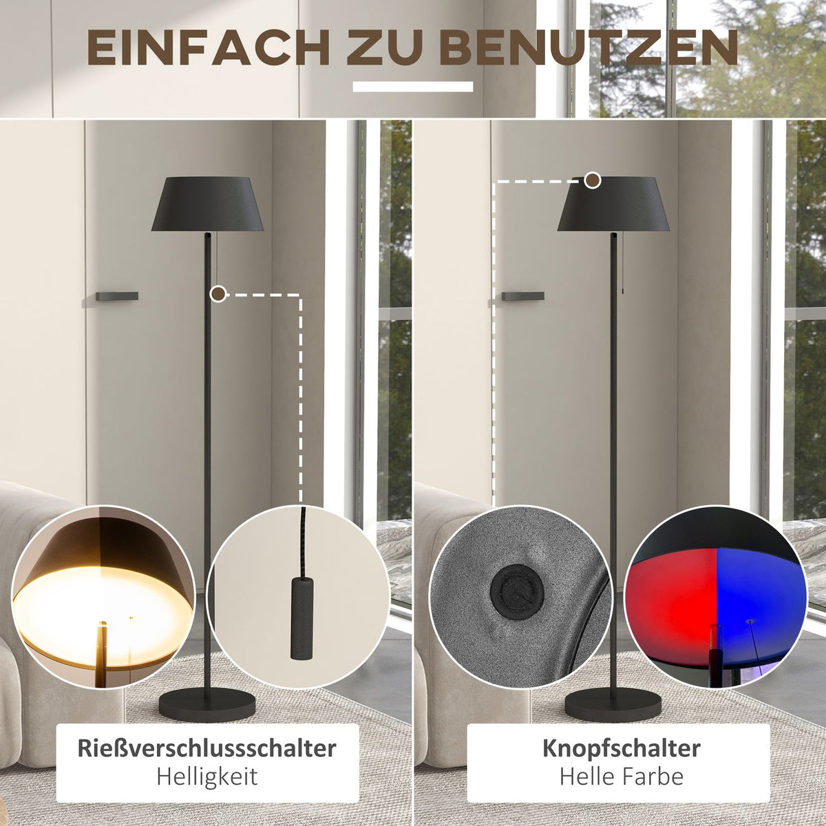Solar Floor Lamp, Outdoor Floor Lamp, Usb Rechargeable Led Solar Lamps, Ip44 Waterproof Floor Lamp, Dimmable Warm White, Pull Chain Switch