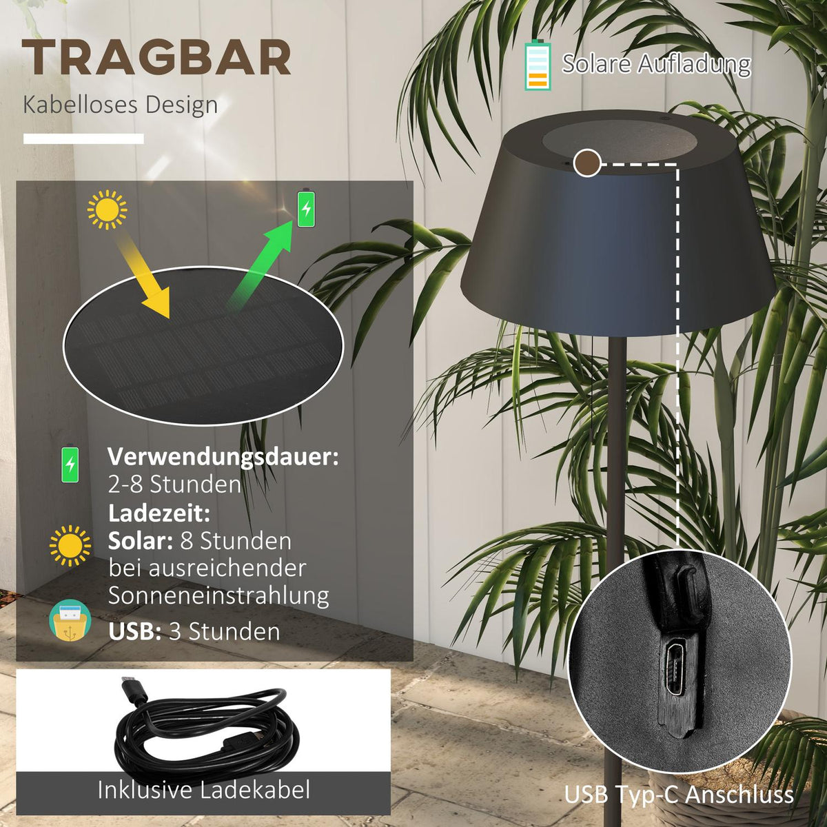 Solar Floor Lamp, Outdoor Floor Lamp, Usb Rechargeable Led Solar Lamps, Ip44 Waterproof Floor Lamp, Dimmable Warm White, Pull Chain Switch