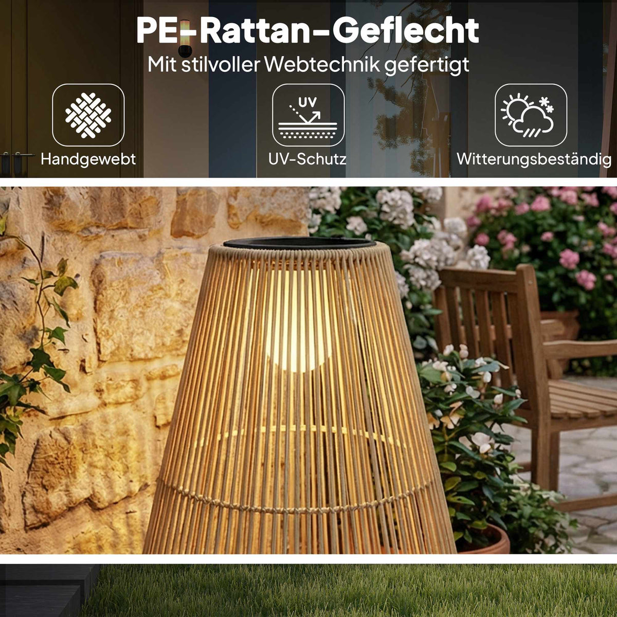 Solar Garden Lamp, Rattan, Auto On/Off, 3500K Warm Light