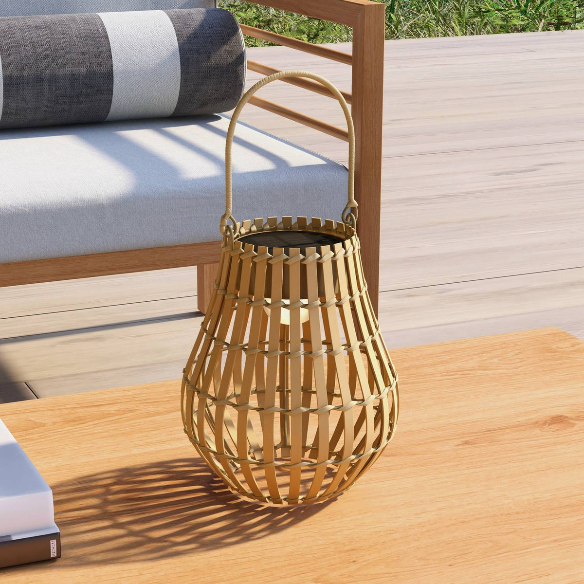 Solar Garden Lamp Usb Rechargeable, 3 Light Colors, With Handle & Bamboo Shade, Natural, Ip44