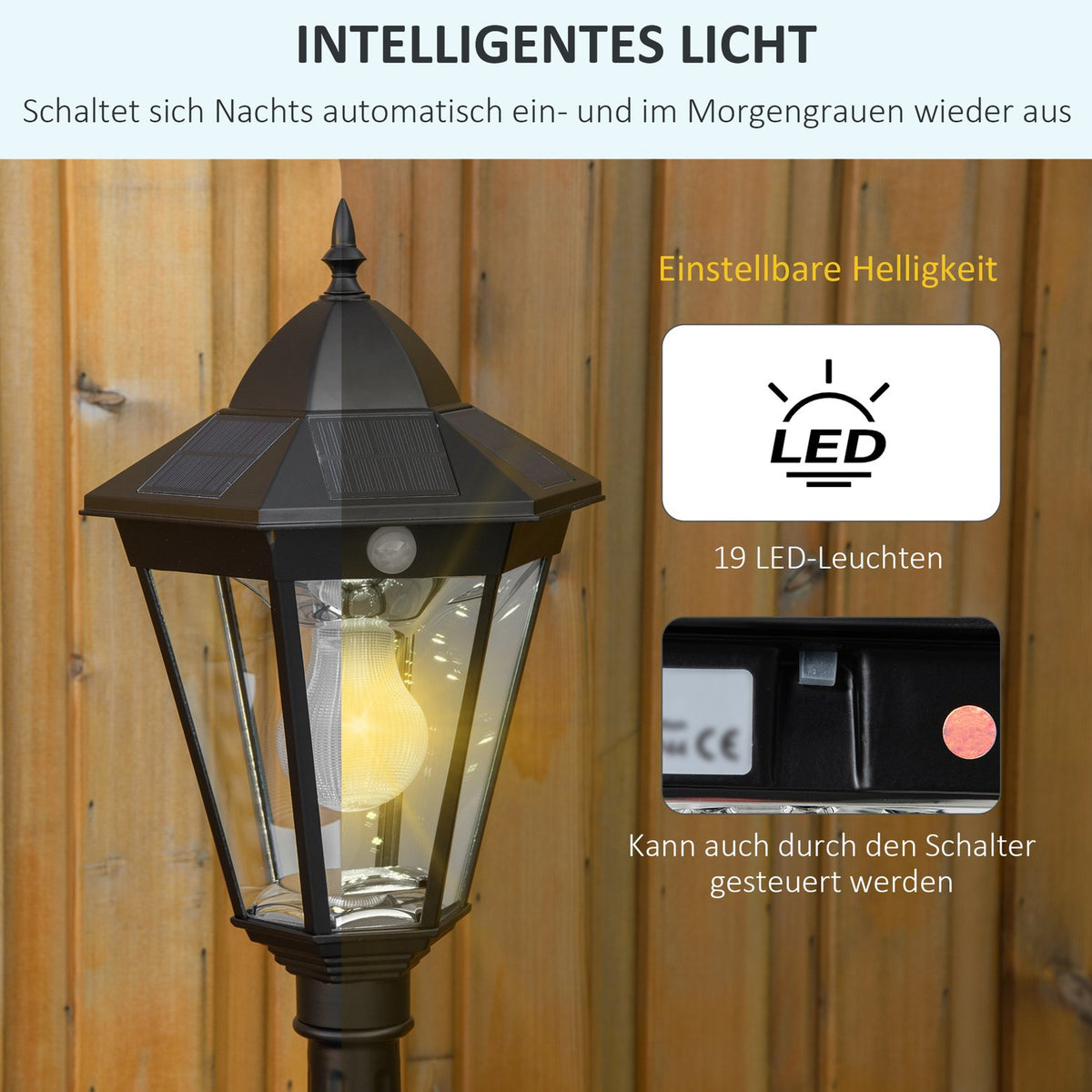 Solar Garden Lantern Garden Light Path Light With 19 Led 130 Lumen 3000K Aluminum Tempered Glass Black 22 X 22 X 194 Cm