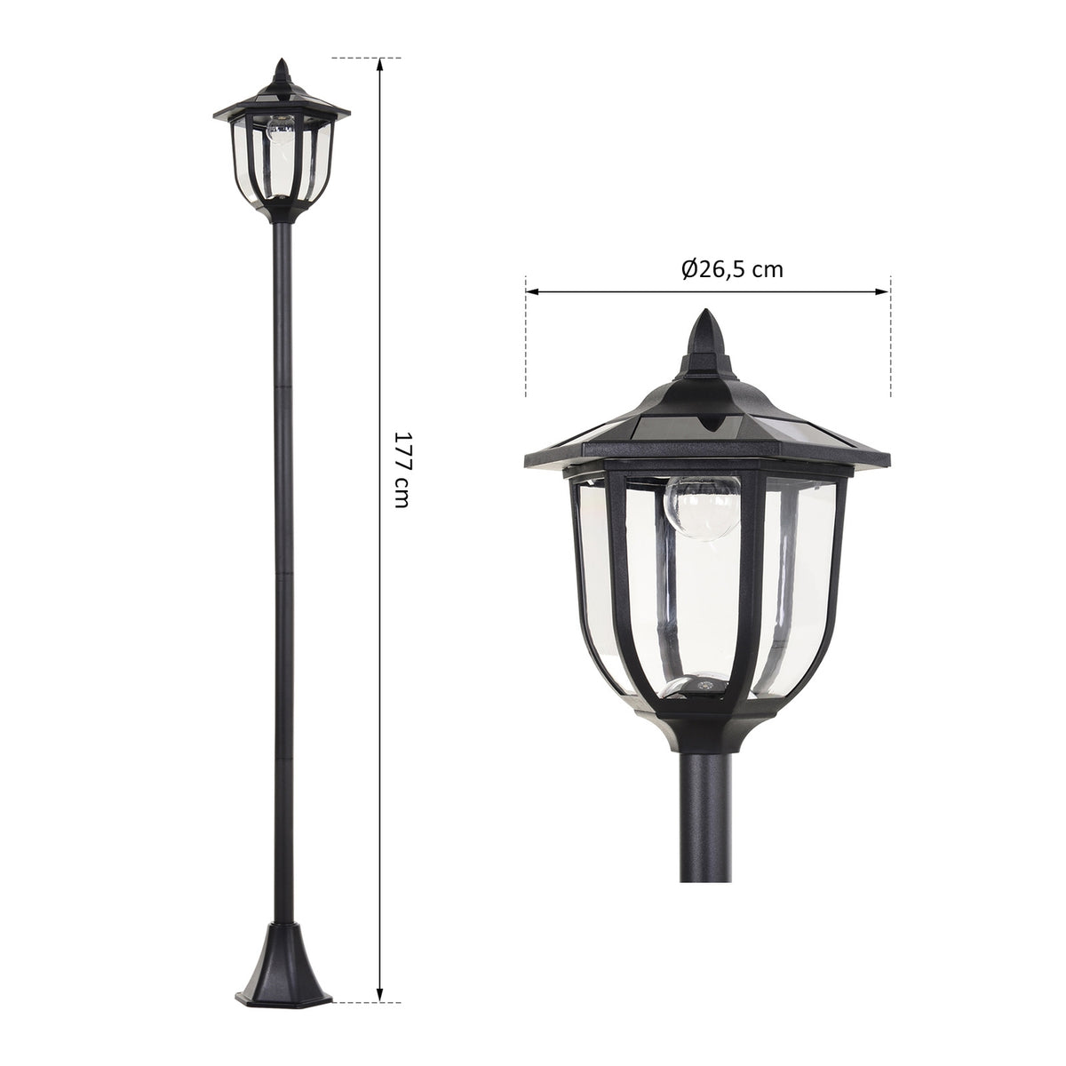 Solar Garden Light Led Garden Lantern With 30/60 Lumens, Plastic, Black, Ø26.5 X H177 Cm