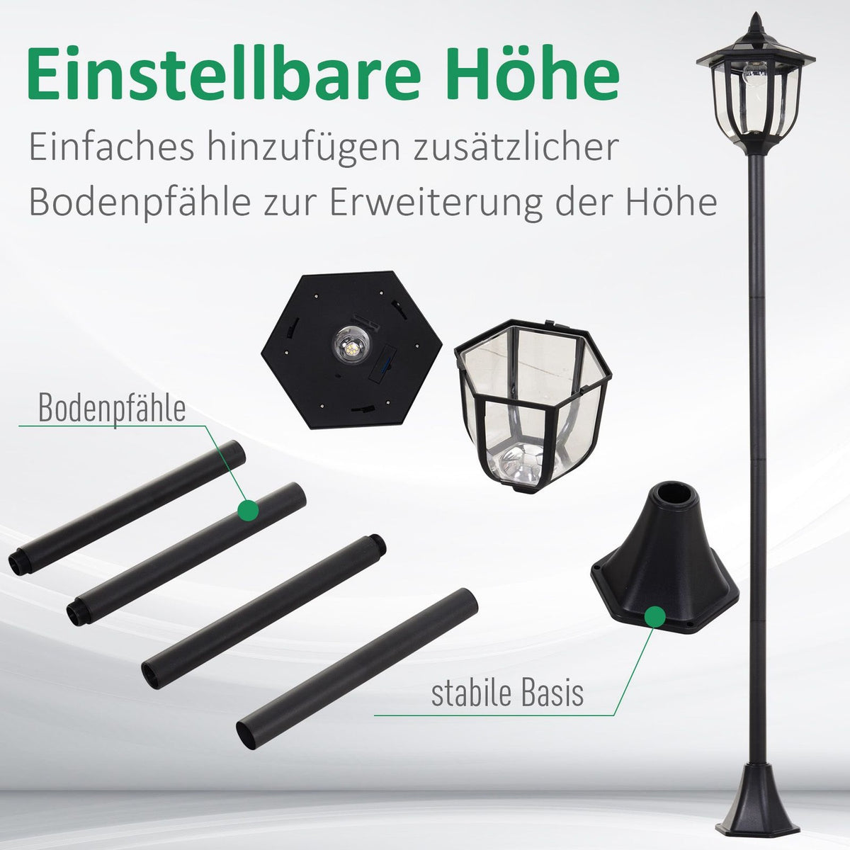 Solar Garden Light Led Garden Lantern With 30/60 Lumens, Plastic, Black, Ø26.5 X H177 Cm