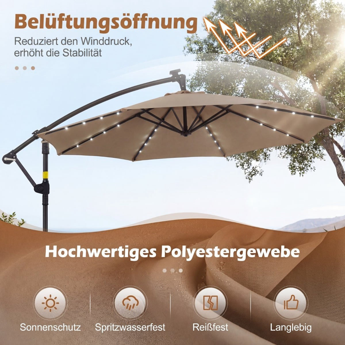 Solar LED Cantilever Umbrella, 360 Rotating, Brown, 300x240 cm