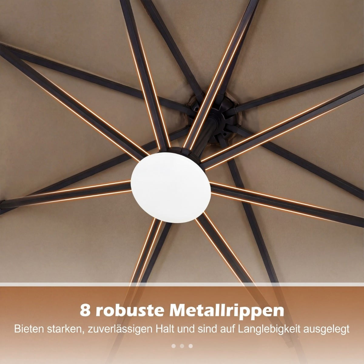 Solar LED Cantilever Umbrella, 360 Rotating, Brown, 300x240 cm