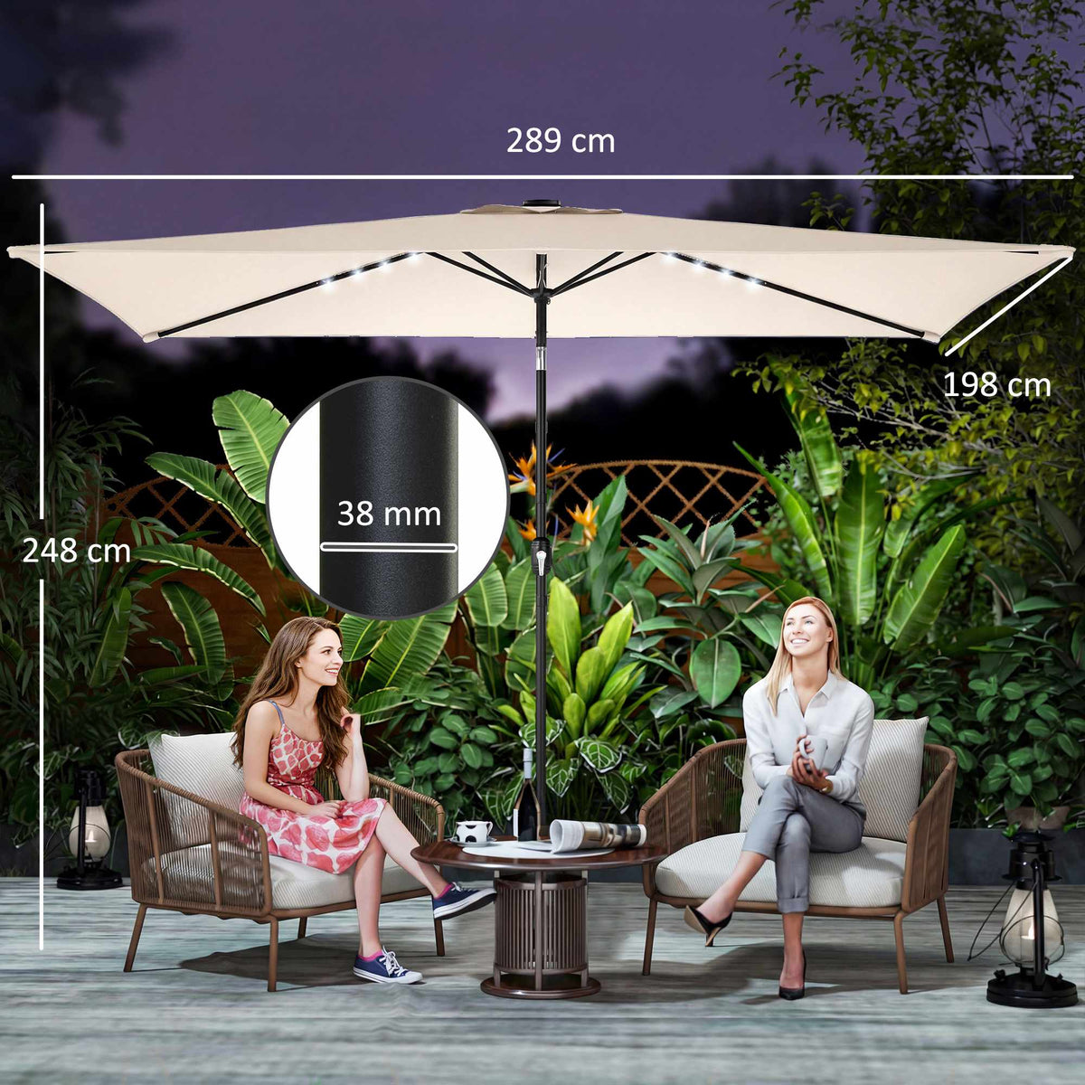 Solar LED Patio Umbrella, Cream, UPF 30+, Tilt & Crank