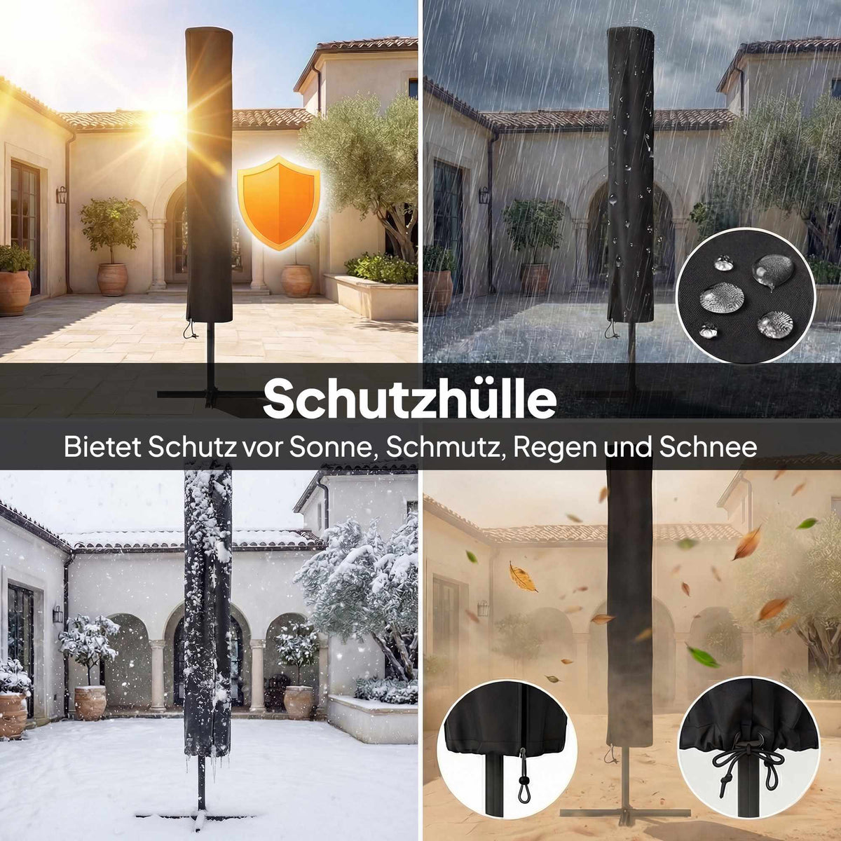 Solar LED Patio Umbrella, Cream, UPF 30+, Tilt & Crank