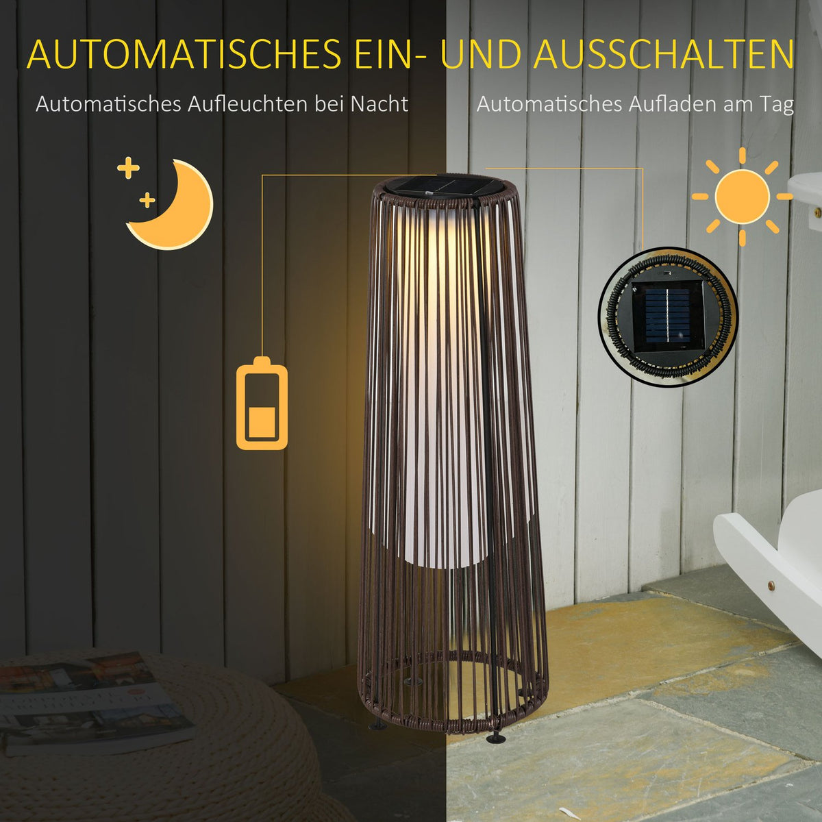 Solar Lamp, Garden Lamp, Rattan Solar Light, Automatic Led, Brown, 21.5 X 21.5 X 61 Cm