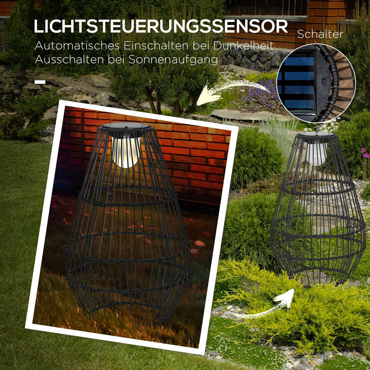 Solar Lamp Garden Lamp With Drum Design, Waterproof, Light Sensor, Automatic Led, For Balcony, Black