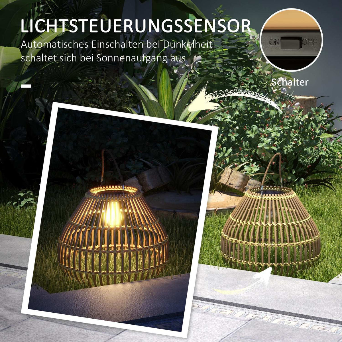 Solar Lamp Rattan Garden Light, Waterproof, Light Sensor, Drum Design, Yellow