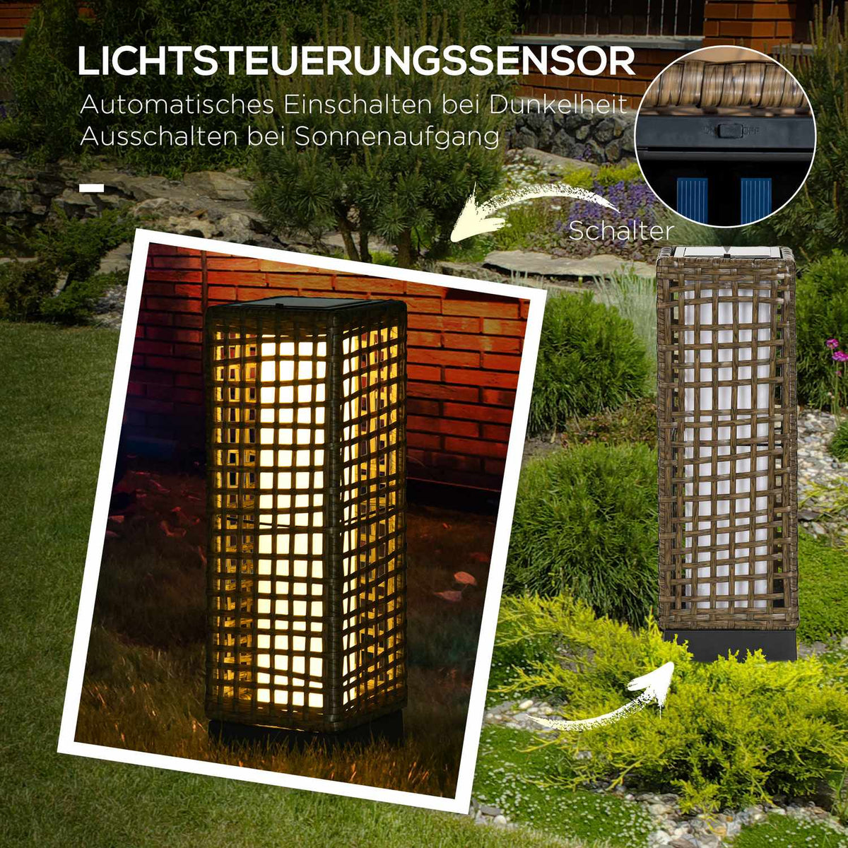 Solar Lamp Rattan, Waterproof, With Light Sensor, Led Outdoor Light, 15.5X15.5X46Cm