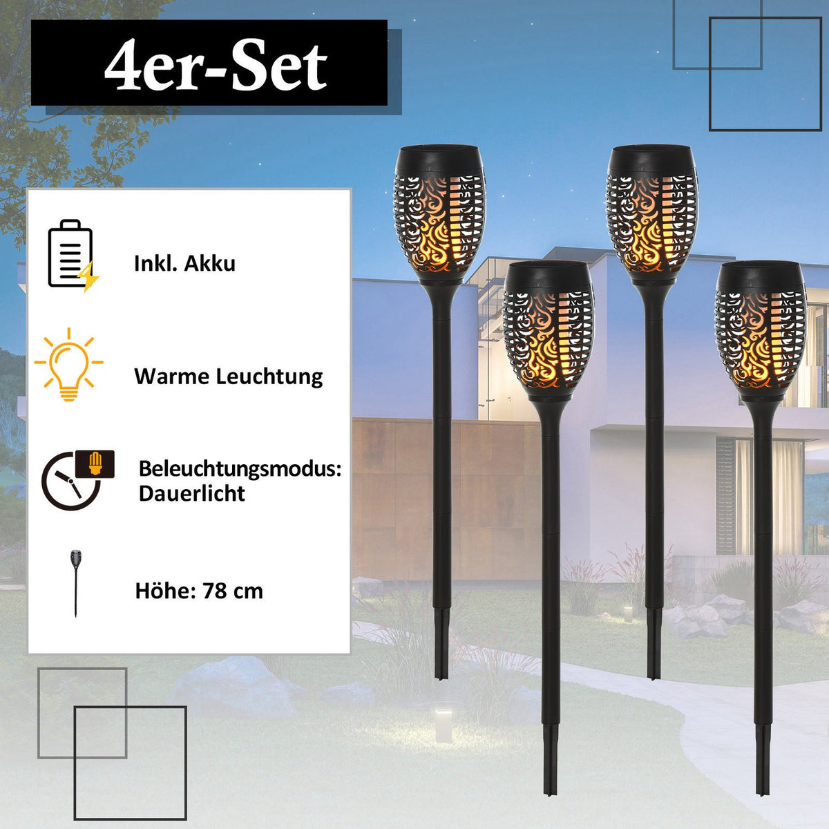 Solar Light Garden Solar Lamps In A Set Of 4, 6-8H Lighting Time, Ip44 Waterproof, Plastic, Black, Ø12Xh72Cm