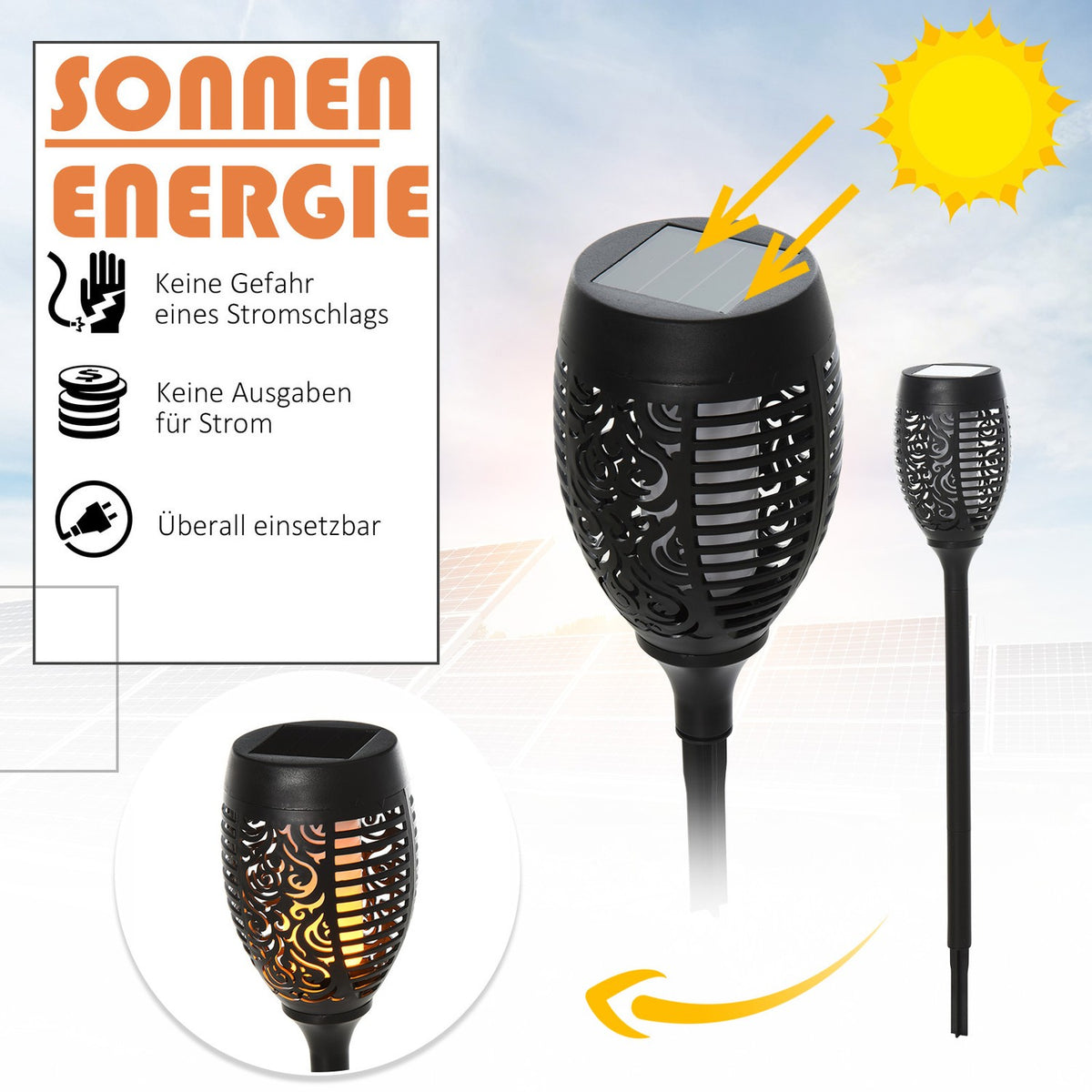 Solar Light Garden Solar Lamps In A Set Of 4, 6-8H Lighting Time, Ip44 Waterproof, Plastic, Black, Ø12Xh72Cm