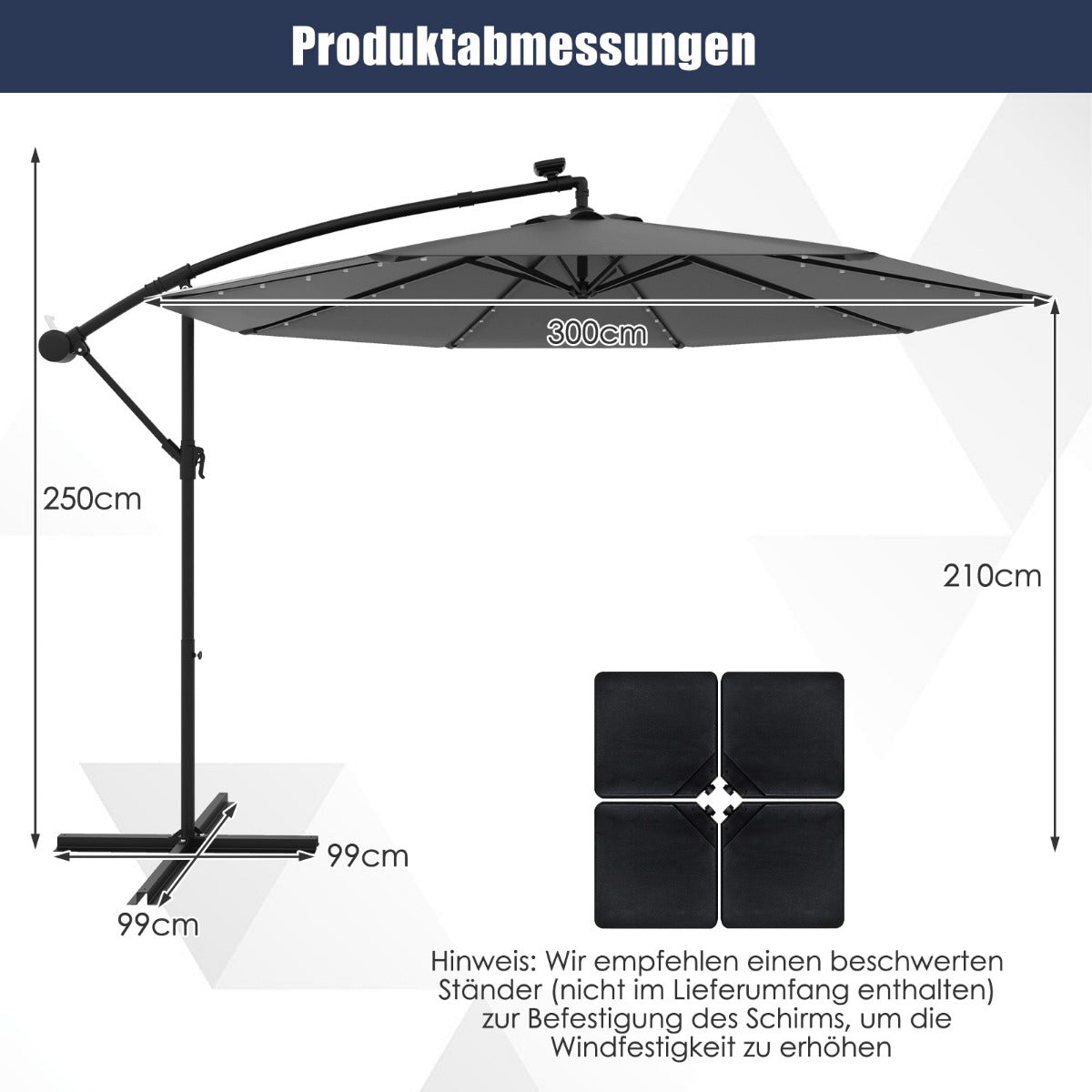 Solar-Powered Cantilever Umbrella, 300 cm, 40 LED Lights, Grey