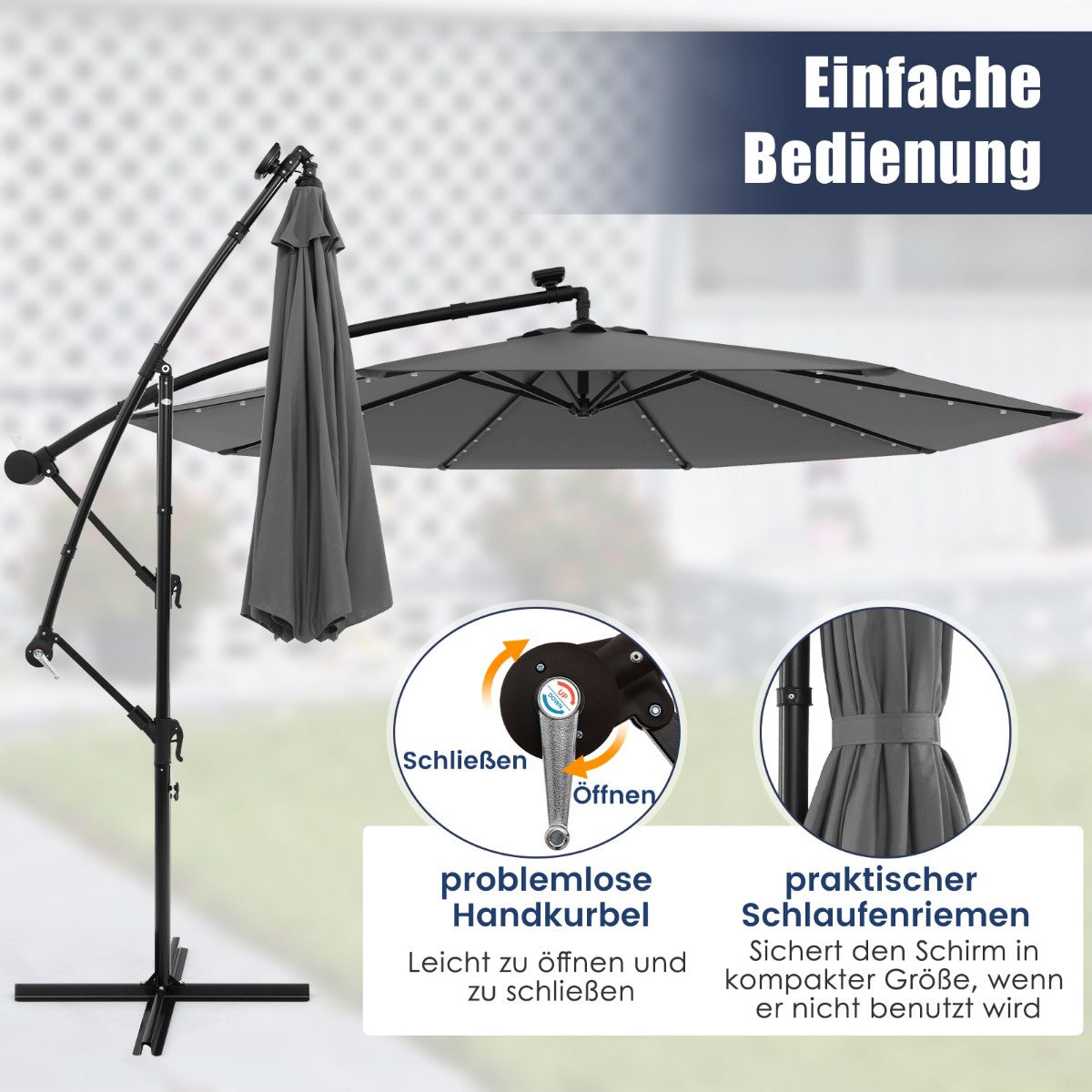 Solar-Powered Cantilever Umbrella, 300 cm, 40 LED Lights, Grey