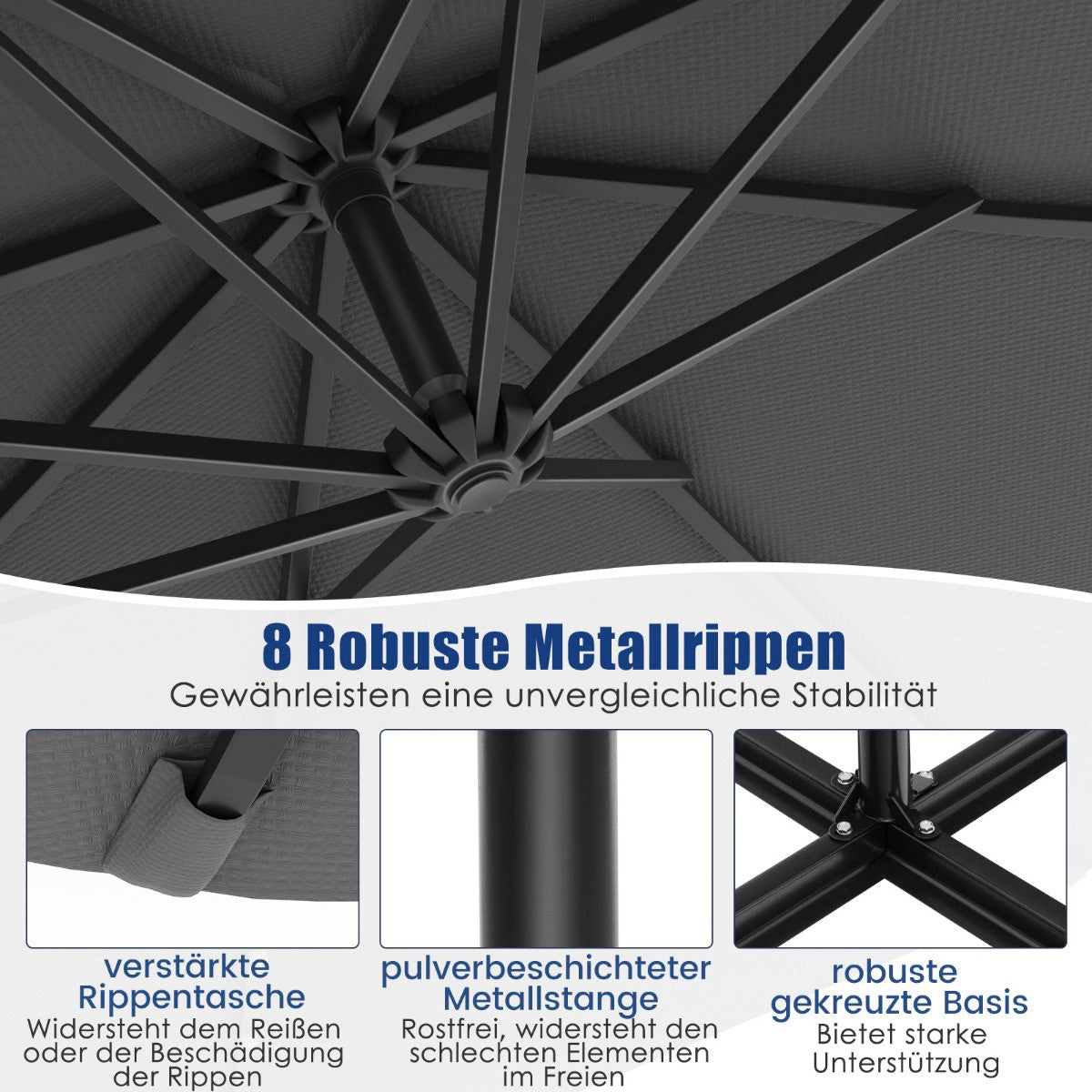 Solar-Powered Cantilever Umbrella, 300 cm, 40 LED Lights, Grey