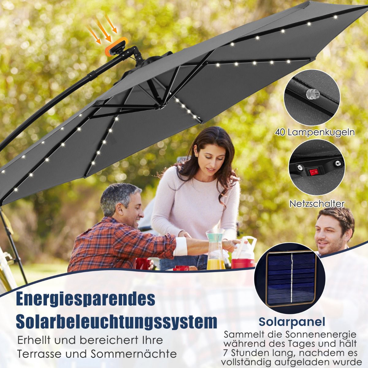 Solar-Powered Cantilever Umbrella, 300 cm, 40 LED Lights, Grey