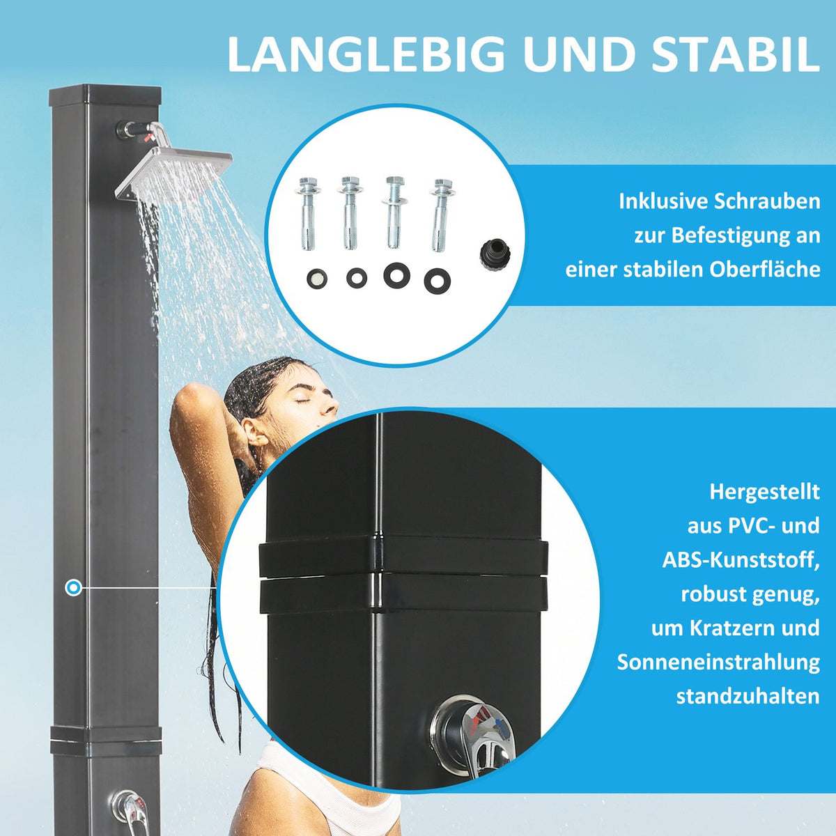 Solar Shower 40L, Outdoor Shower, Pool Shower With Foot Shower And Rain Shower Head, Water Temperature Up To 60°C, Including Mounting Material, Black