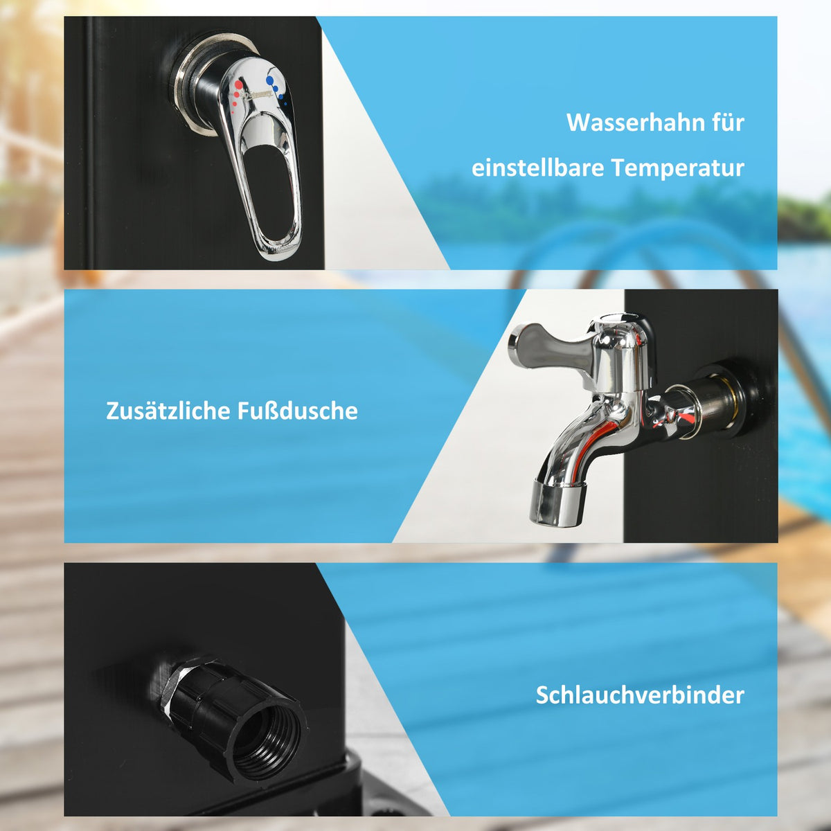 Solar Shower 40L, Outdoor Shower, Pool Shower With Foot Shower And Rain Shower Head, Water Temperature Up To 60°C, Including Mounting Material, Black