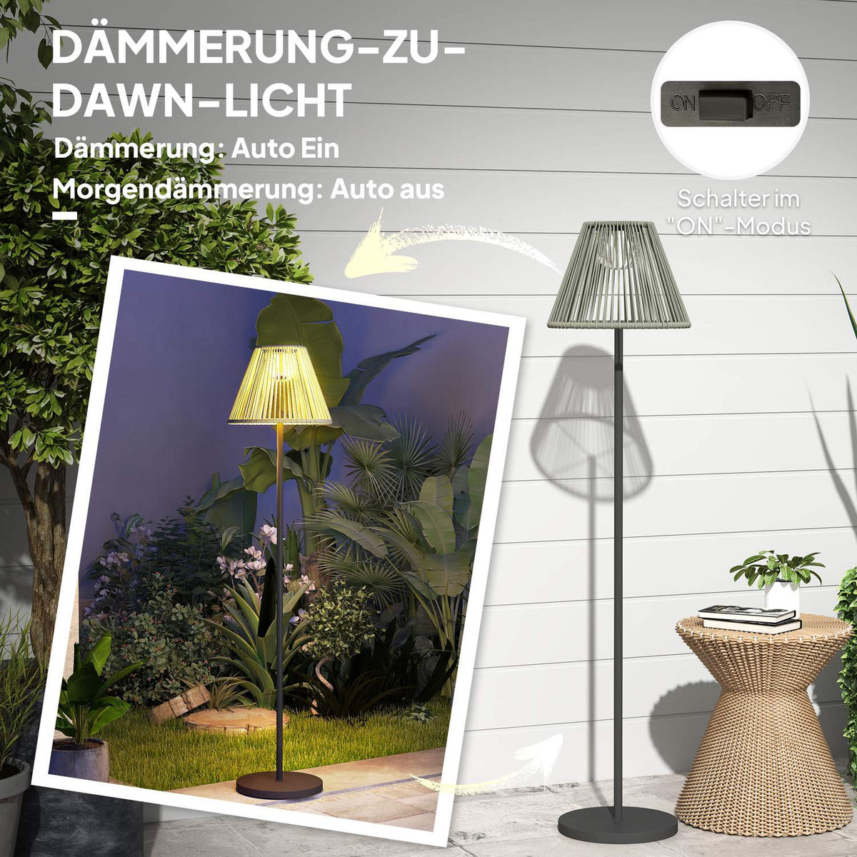 Solar floor lamp rattan solar lamps with light sensor 25 LEDs automatically solar light in boho style IP44 waterproof solar lamp outdoor lamp for garden balcony outdoor lawn Ø33x135 cm
