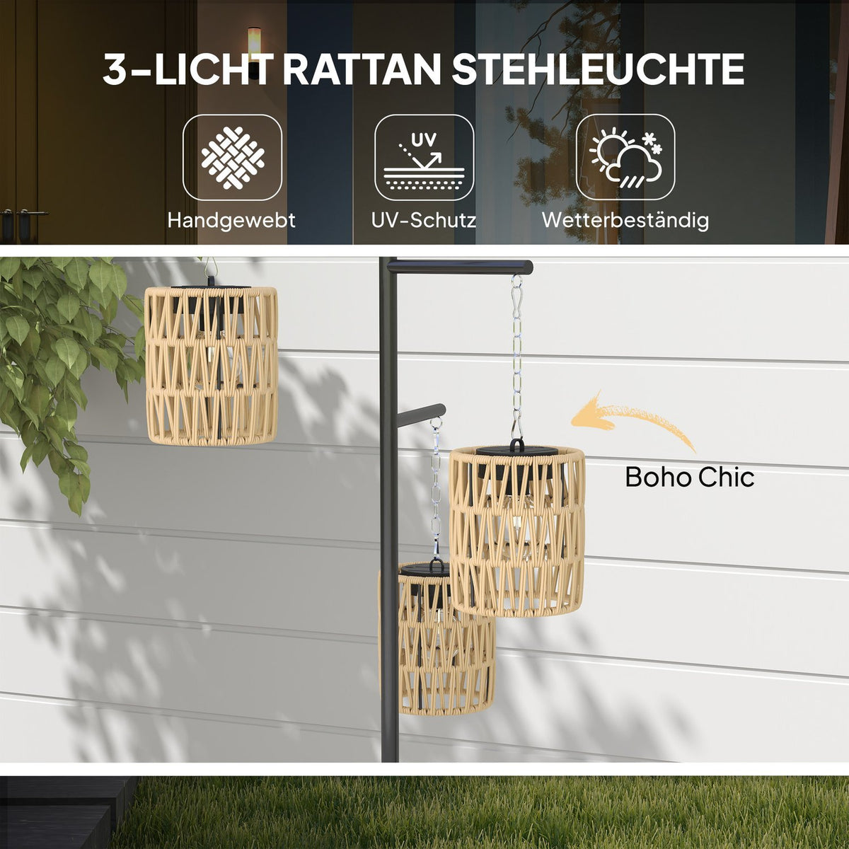 Solar floor lamp rattan solar lamps with light sensor 3 lights automatic solar light in boho style IP44 waterproof solar lamp outdoor lamp solar lantern for garden balcony outdoor lawn yard