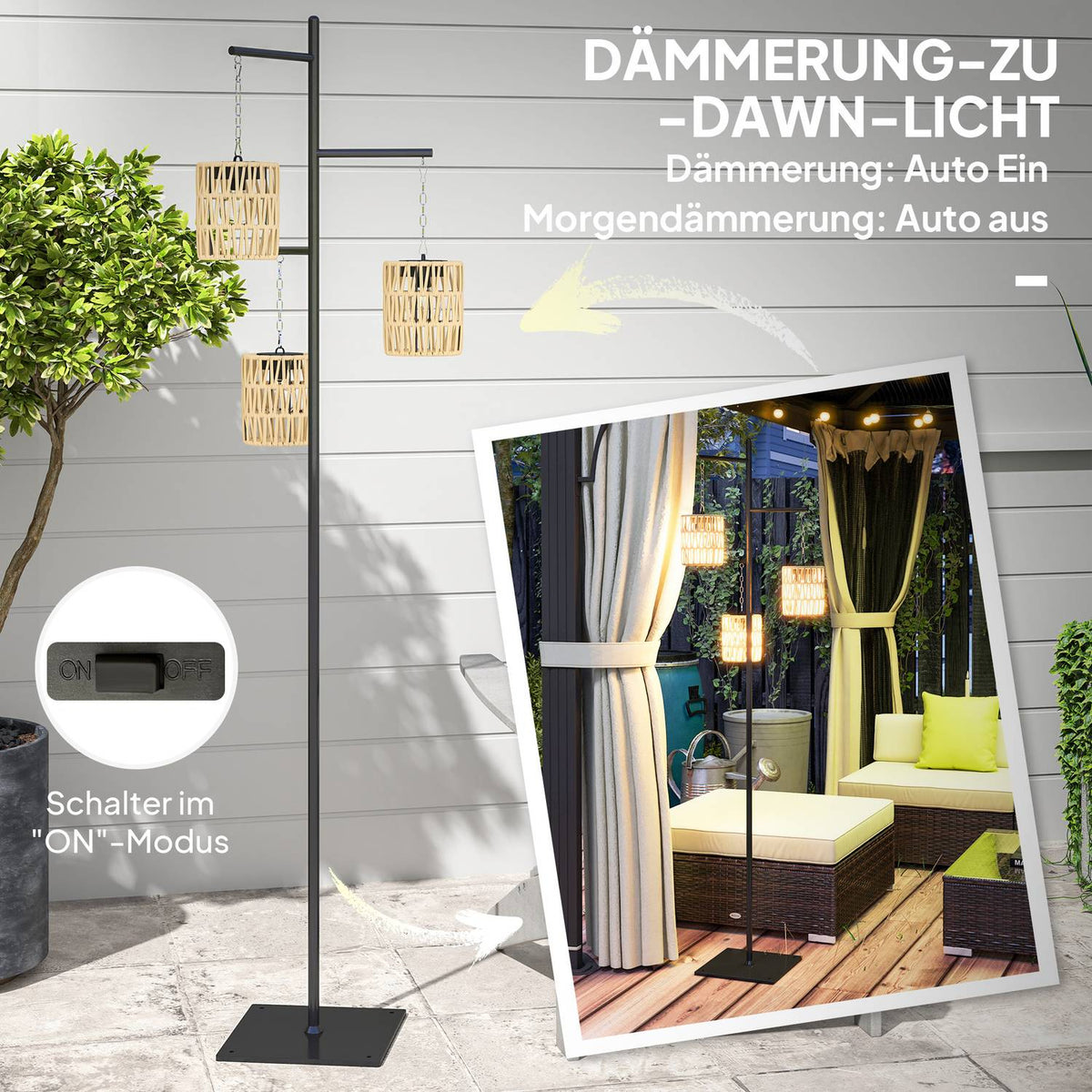 Solar floor lamp rattan solar lamps with light sensor 3 lights automatic solar light in boho style IP44 waterproof solar lamp outdoor lamp solar lantern for garden balcony outdoor lawn yard