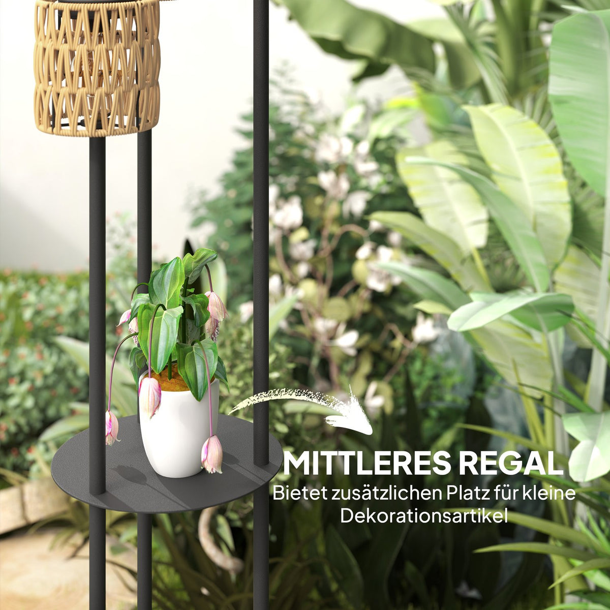 Solar floor lamp rattan solar lamps with light sensor 3 lights shelf solar light in boho style IP44 waterproof solar lamp outdoor lamp solar lantern for garden balcony outdoor lawn Ø37 x 144H cm
