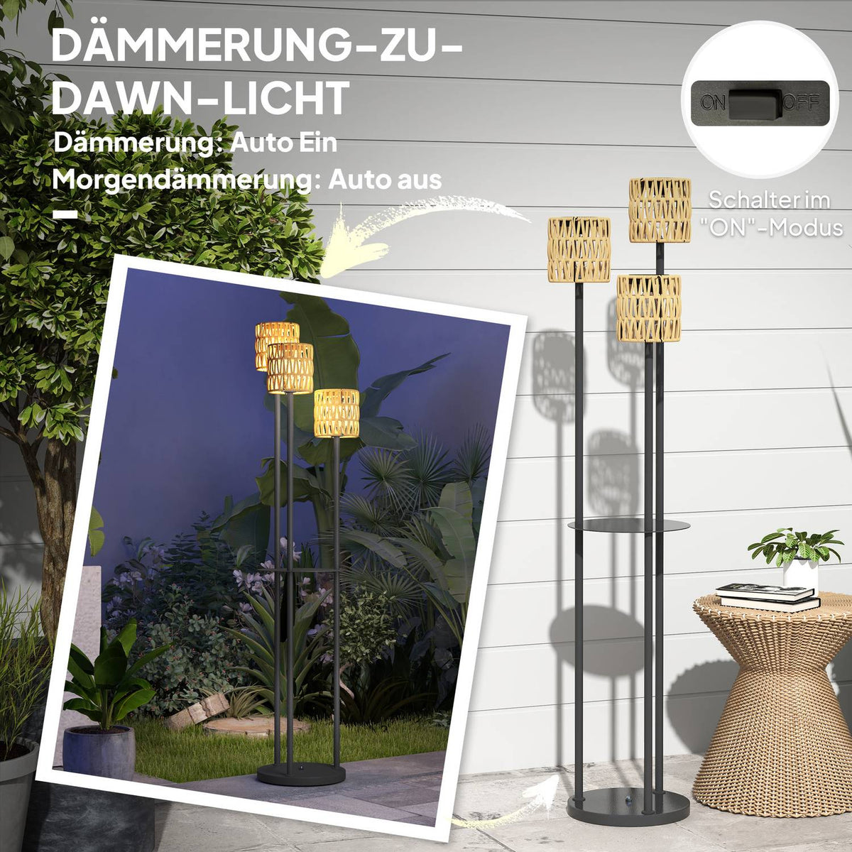 Solar floor lamp rattan solar lamps with light sensor 3 lights shelf solar light in boho style IP44 waterproof solar lamp outdoor lamp solar lantern for garden balcony outdoor lawn Ø37 x 144H cm