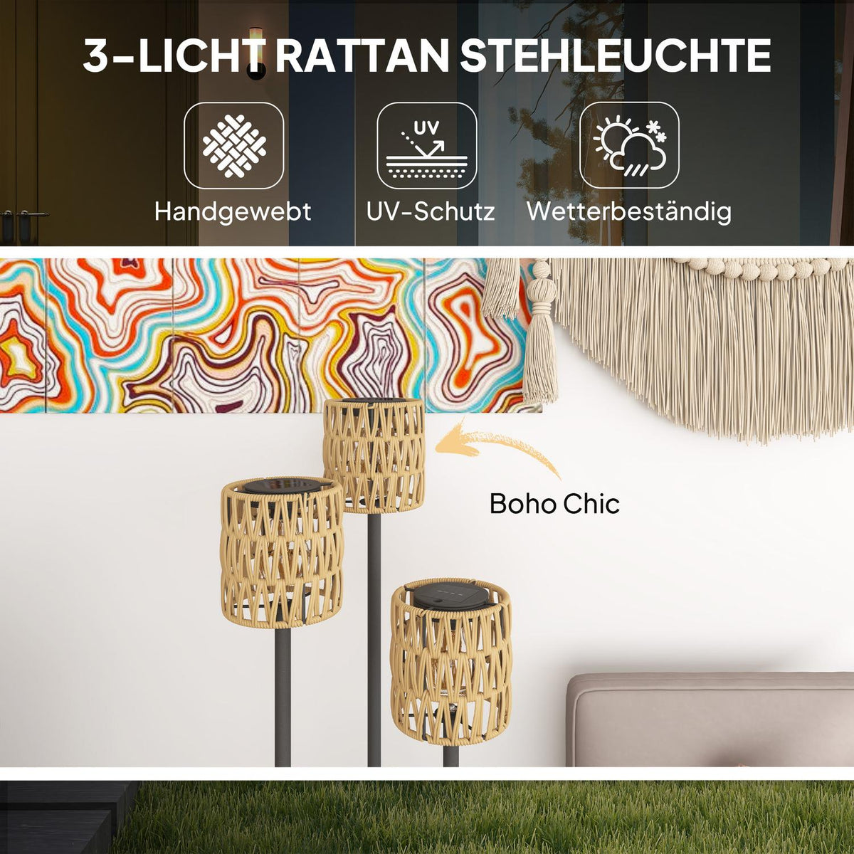 Solar floor lamp rattan solar lamps with light sensor 3 lights shelf solar light in boho style IP44 waterproof solar lamp outdoor lamp solar lantern for garden balcony outdoor lawn Ø37 x 144H cm