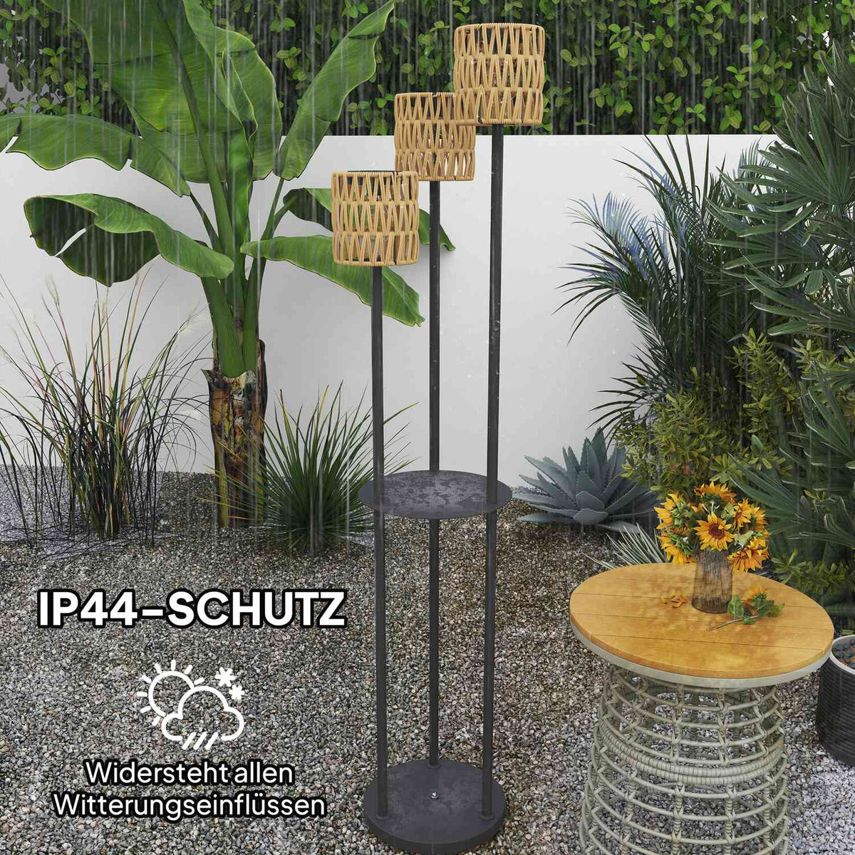 Solar floor lamp rattan solar lamps with light sensor 3 lights shelf solar light in boho style IP44 waterproof solar lamp outdoor lamp solar lantern for garden balcony outdoor lawn Ø37 x 144H cm