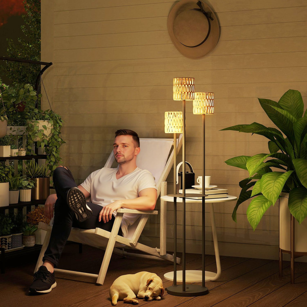 Solar floor lamp rattan solar lamps with light sensor 3 lights shelf solar light in boho style IP44 waterproof solar lamp outdoor lamp solar lantern for garden balcony outdoor lawn Ø37 x 144H cm