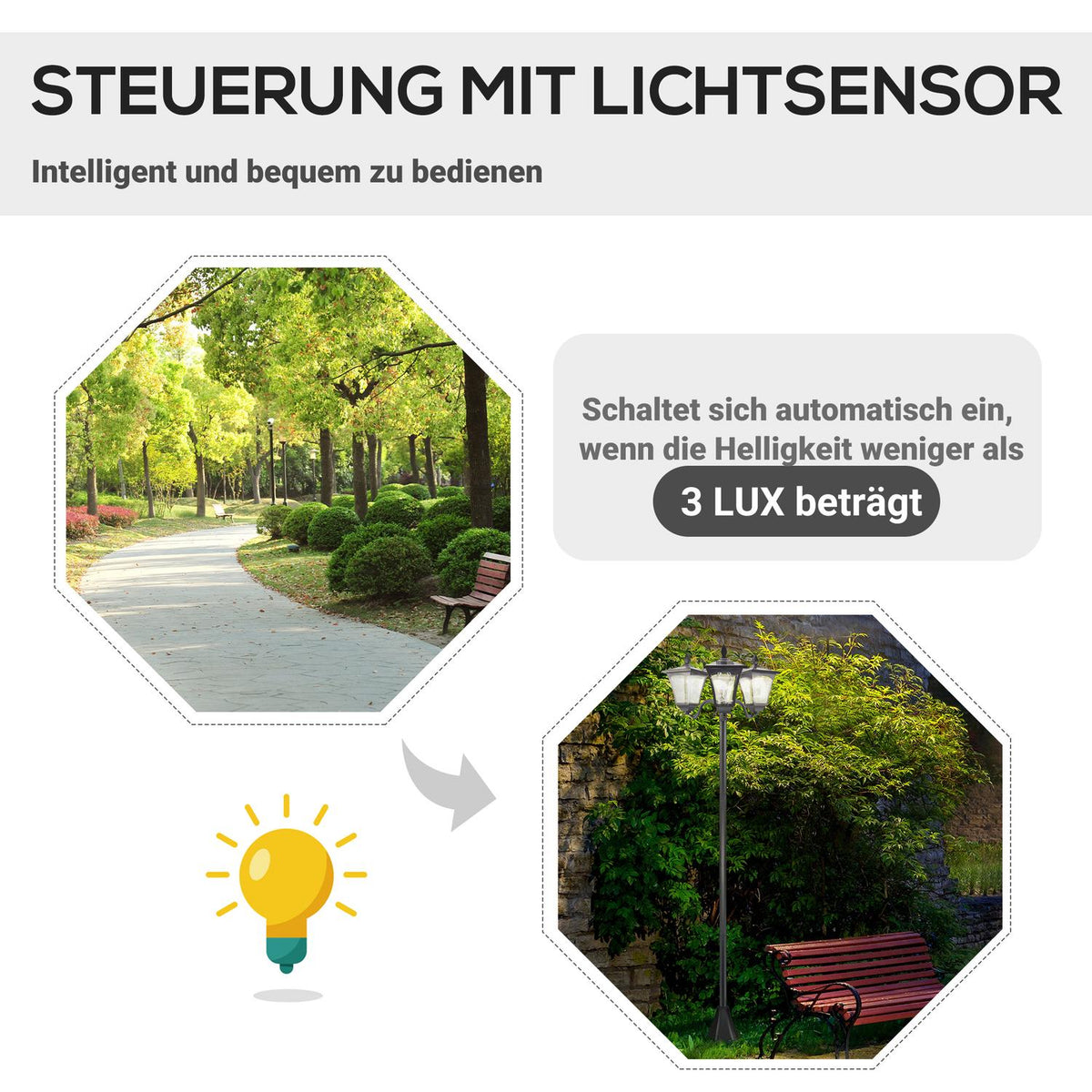 Solar garden lantern with 3 flames, solar lantern, path light with LED, 120 lumens, IP44 201, stainless steel, black, 51.5 x 47 x 182.5 cm