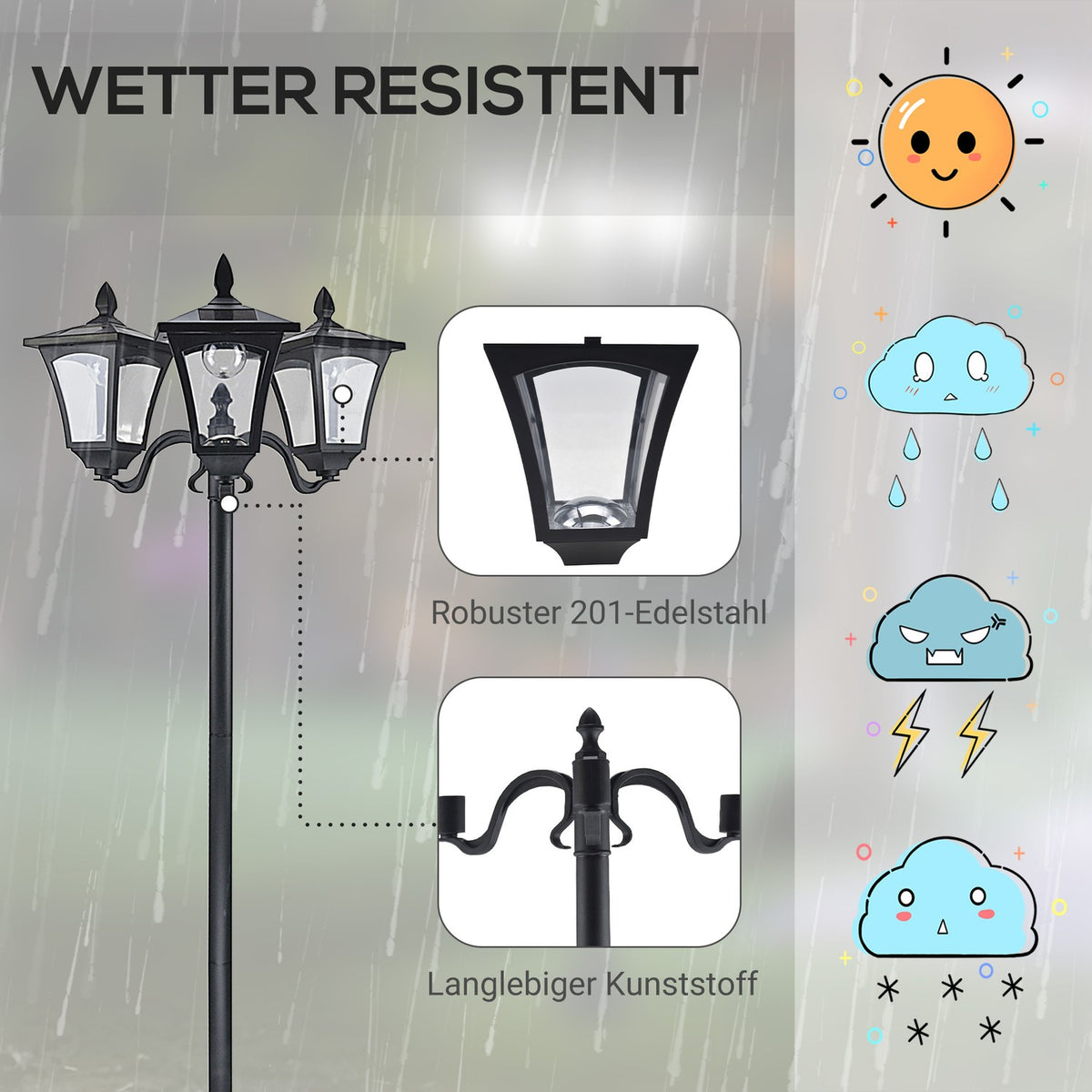 Solar garden lantern with 3 flames, solar lantern, path light with LED, 120 lumens, IP44 201, stainless steel, black, 51.5 x 47 x 182.5 cm