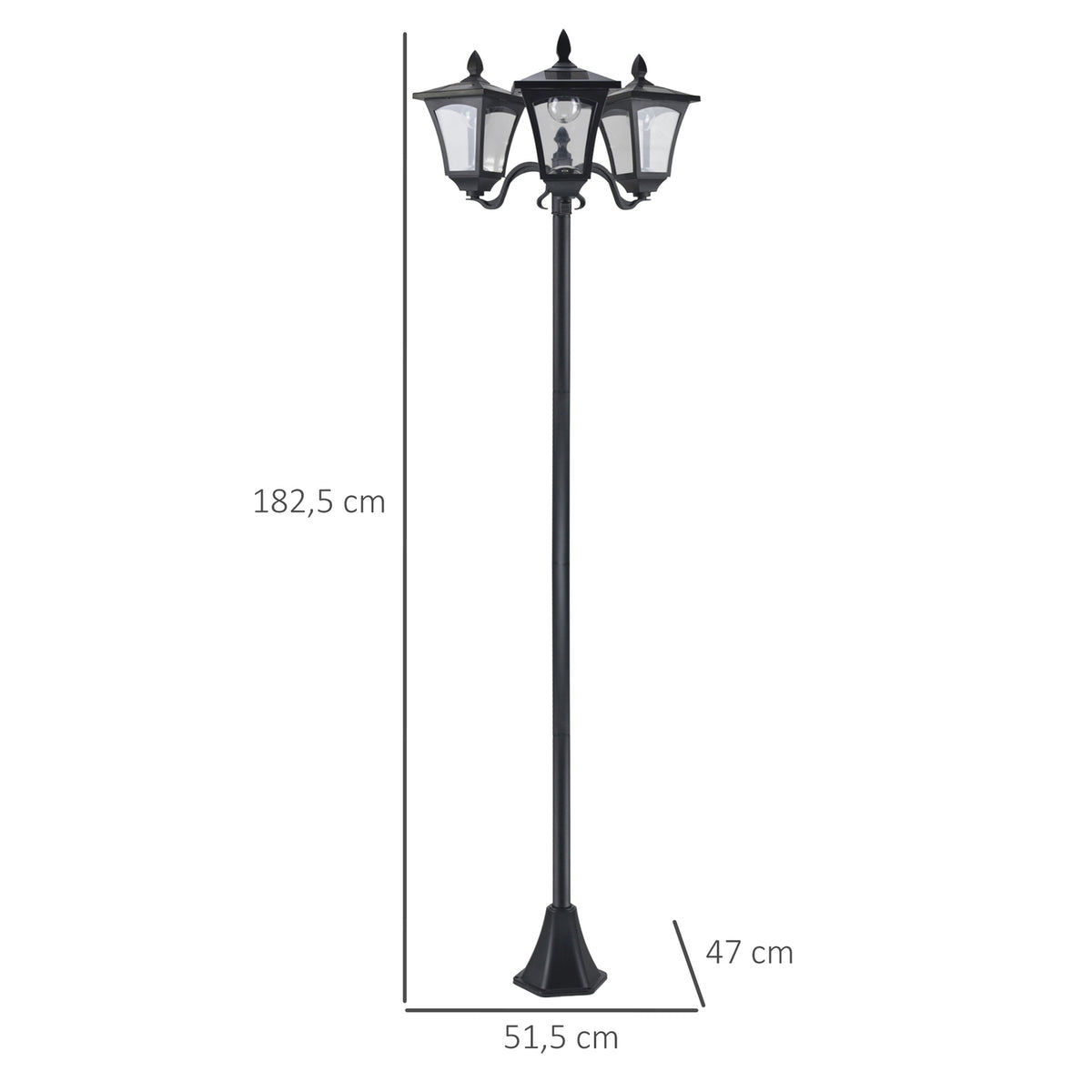 Solar garden lantern with 3 flames, solar lantern, path light with LED, 120 lumens, IP44 201, stainless steel, black, 51.5 x 47 x 182.5 cm