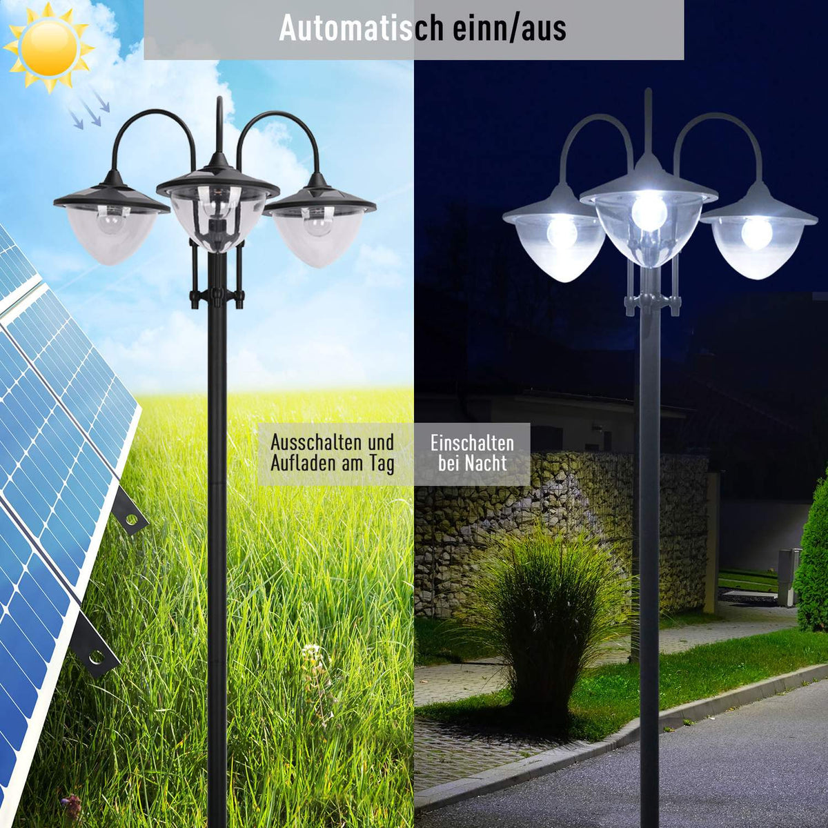Solar light garden light 3-head lamp with flower pot base, waterproof, stainless steel, 60x55x189cm