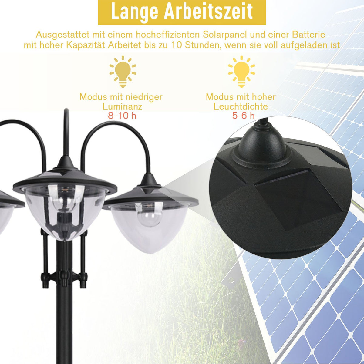 Solar light garden light 3-head lamp with flower pot base, waterproof, stainless steel, 60x55x189cm