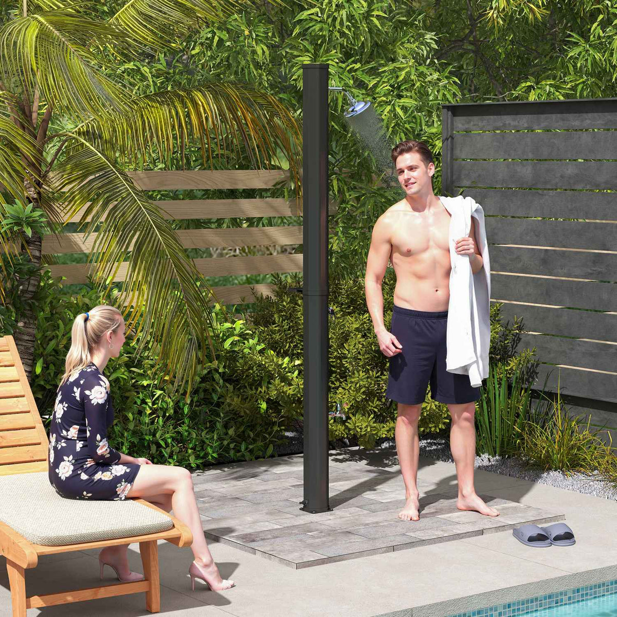 Solar shower 35 liter solar garden shower with tap, shower head, hand shower, side tray, up to 55 °C, outdoor shower without power connection, pool shower, camping shower, rain shower, warm water