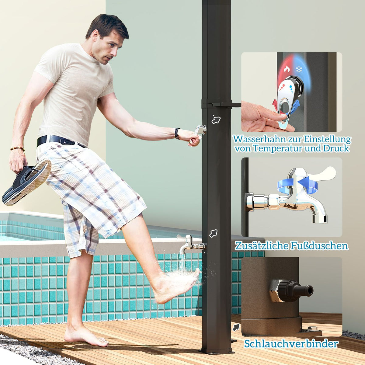 Solar shower 35 liter solar garden shower with tap, shower head, hand shower, side tray, up to 55 °C, outdoor shower without power connection, pool shower, camping shower, rain shower, warm water