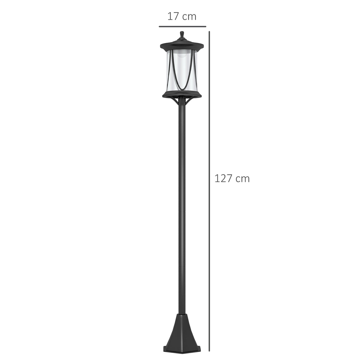 Solar street light LED, IP44, ABS, 17W x 17D x 127H cm, with cool white LED light, light sensor, waterproof, for outdoor use, black