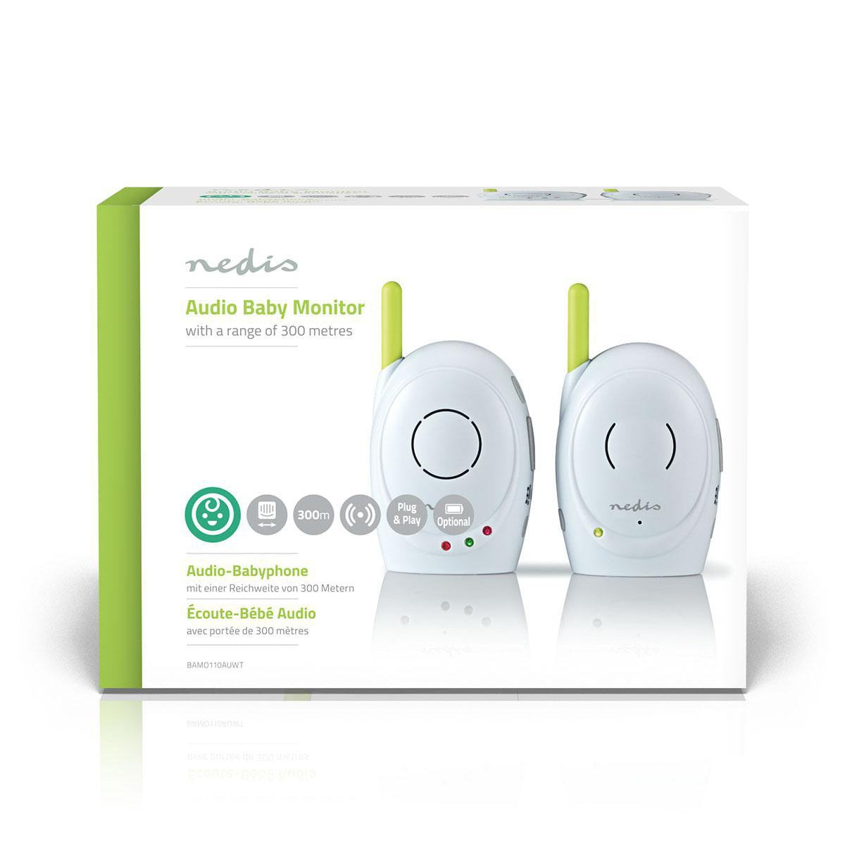 Sound Baby Monitor | FHSS (Frequency-Hopping Spread Spectrum) | With talk back function | Range: 300 m | Battery operated / Power adapter | Green / White