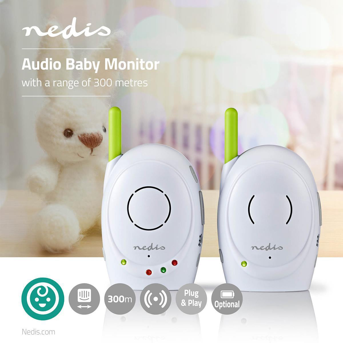 Sound Baby Monitor | FHSS (Frequency-Hopping Spread Spectrum) | With talk back function | Range: 300 m | Battery operated / Power adapter | Green / White