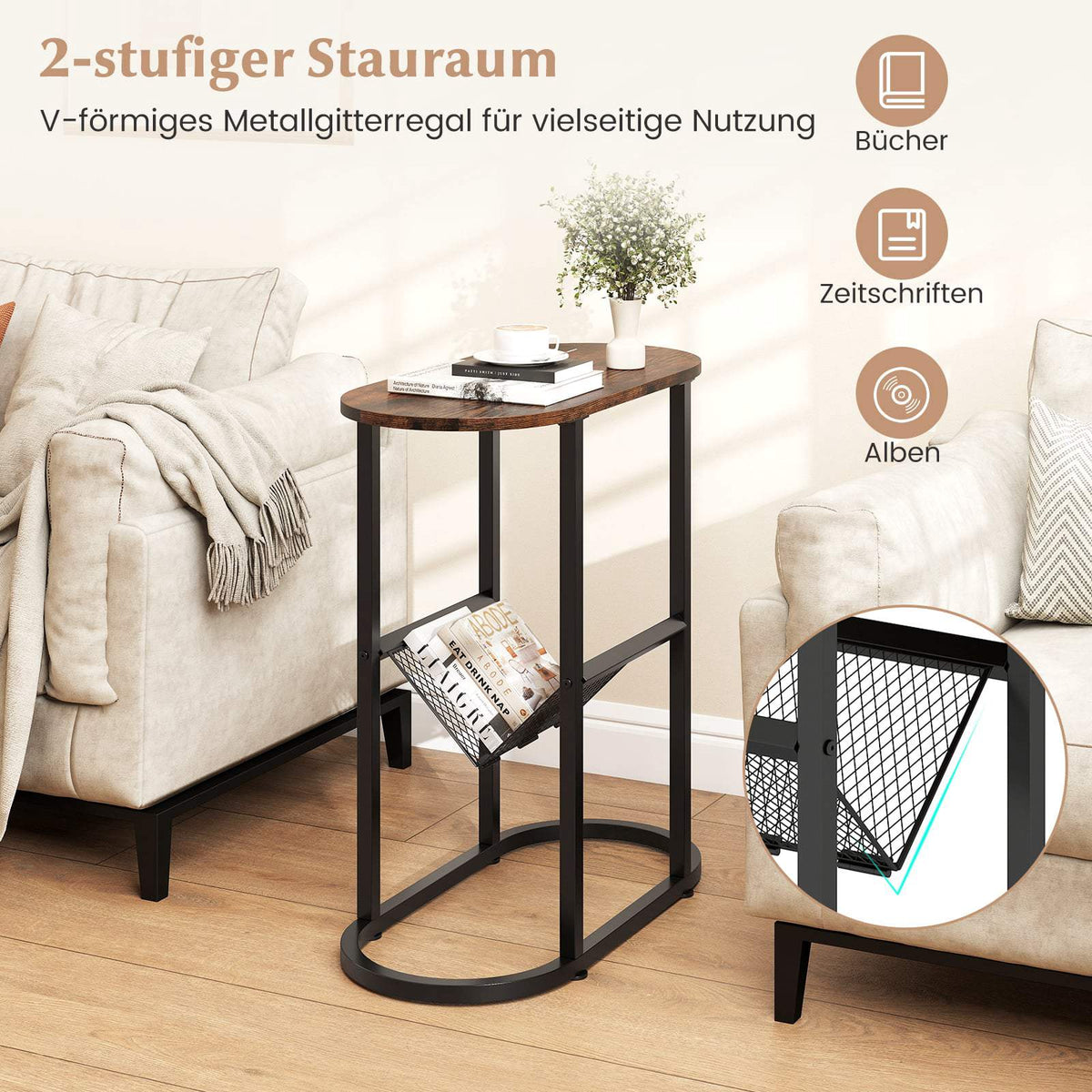 Space-Saving Oval Side Table with Magazine Holder