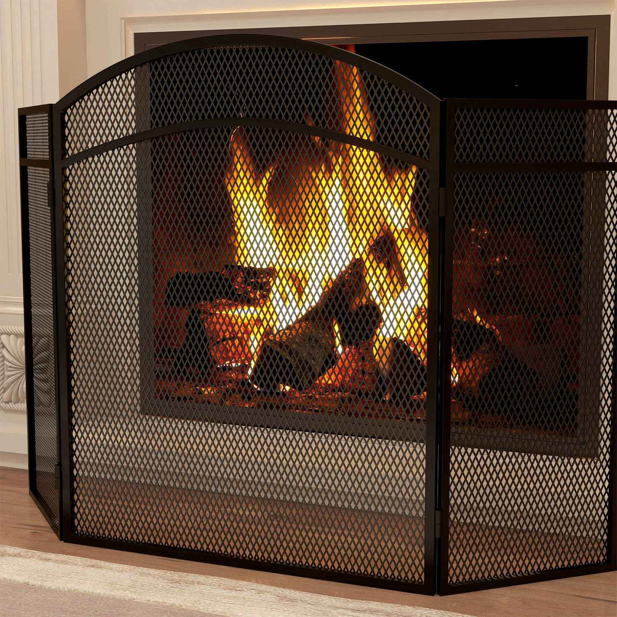 Spark guard for fireplaces, elegant spark catcher, foldable, coated, black, 96 x 60 cm