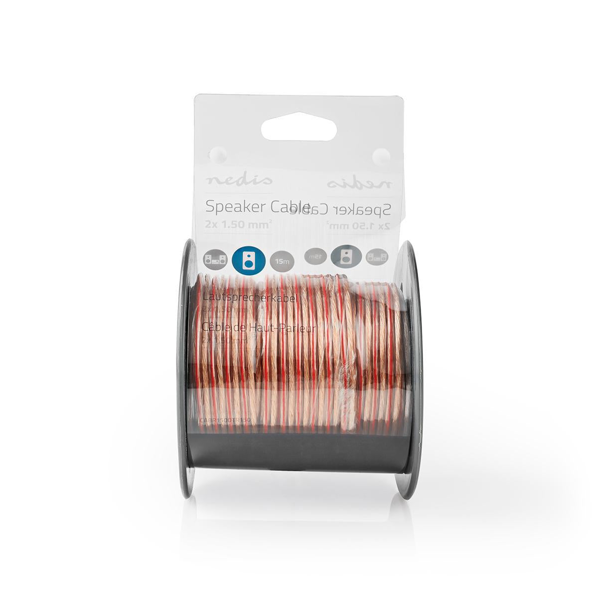 Speaker cable | 2x 1.50 mm² | Copper | 15.0 m | Round | PVC | Transparent | Roll